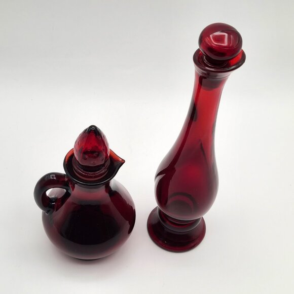 PAIR Vintage Avon Red Glass Bottles with Stoppers 5" Cruet 8" Perfume - Picture 9 of 10